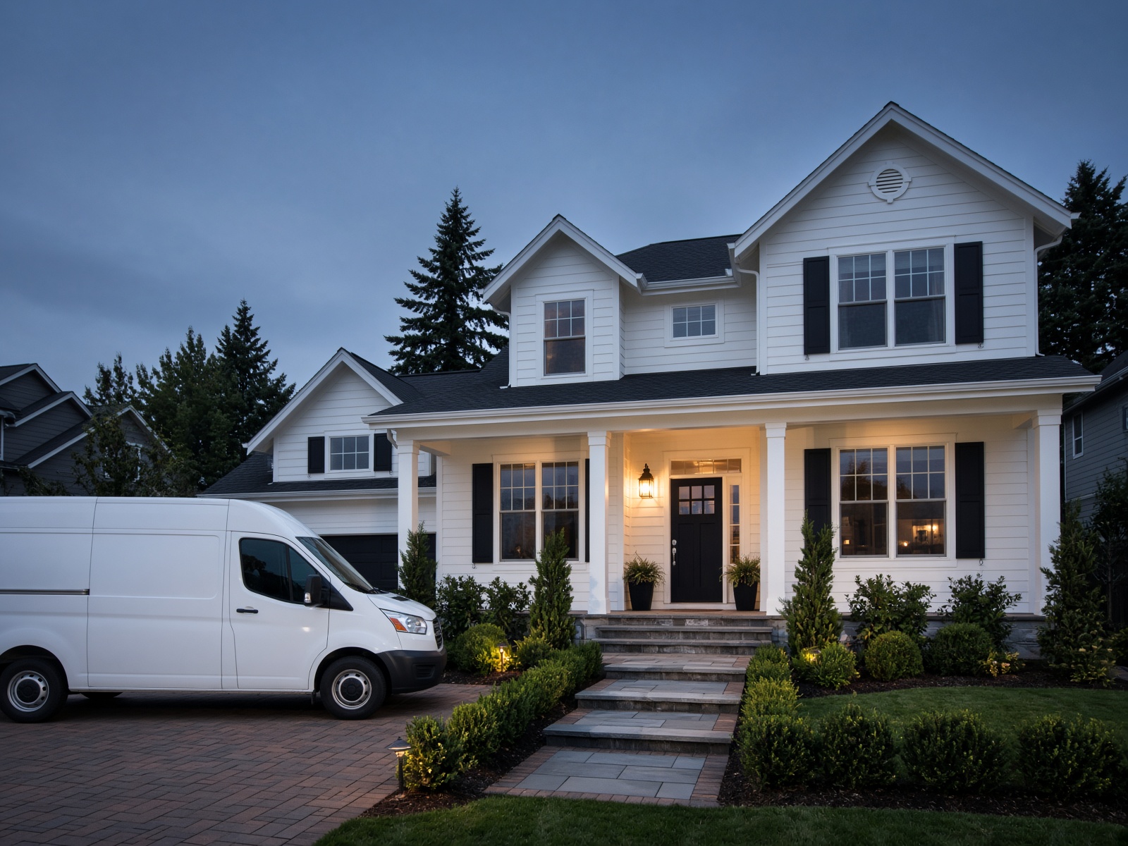 Restoration van in the driveway of a well-kept Salem-area home at dusk