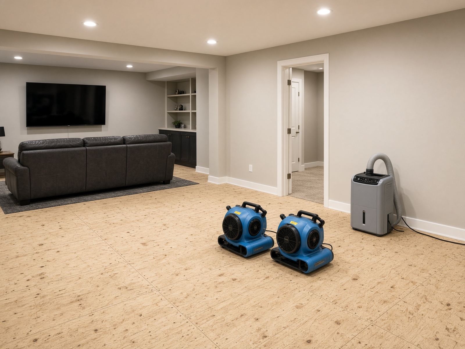 Finished basement being professionally dried with air movers on a clean subfloor