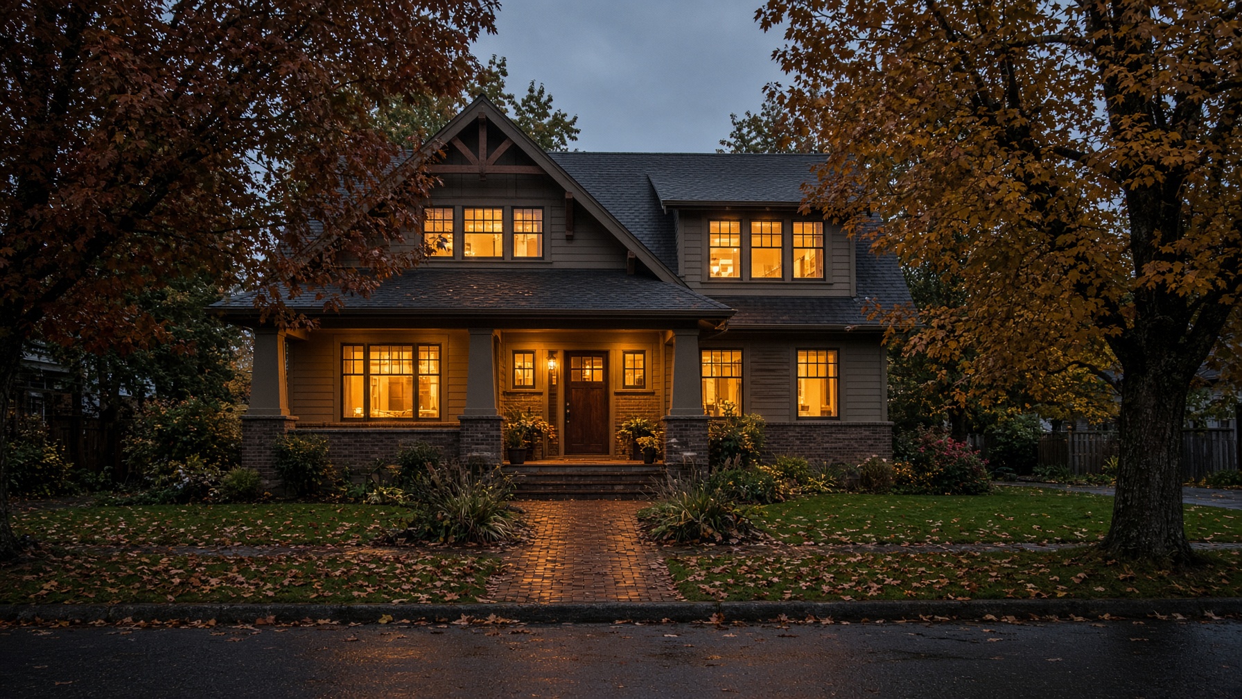 Well-kept Willamette Valley craftsman home at dusk