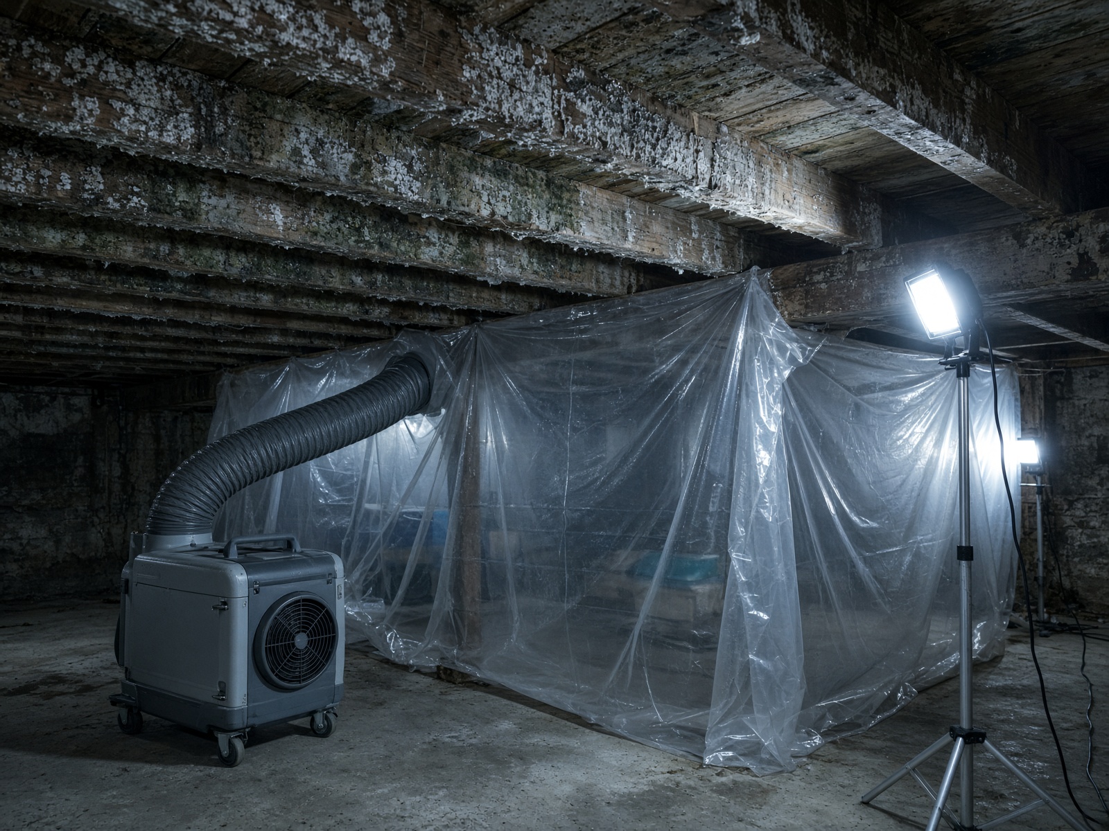 Contained work area with polyethylene sheeting and an air scrubber