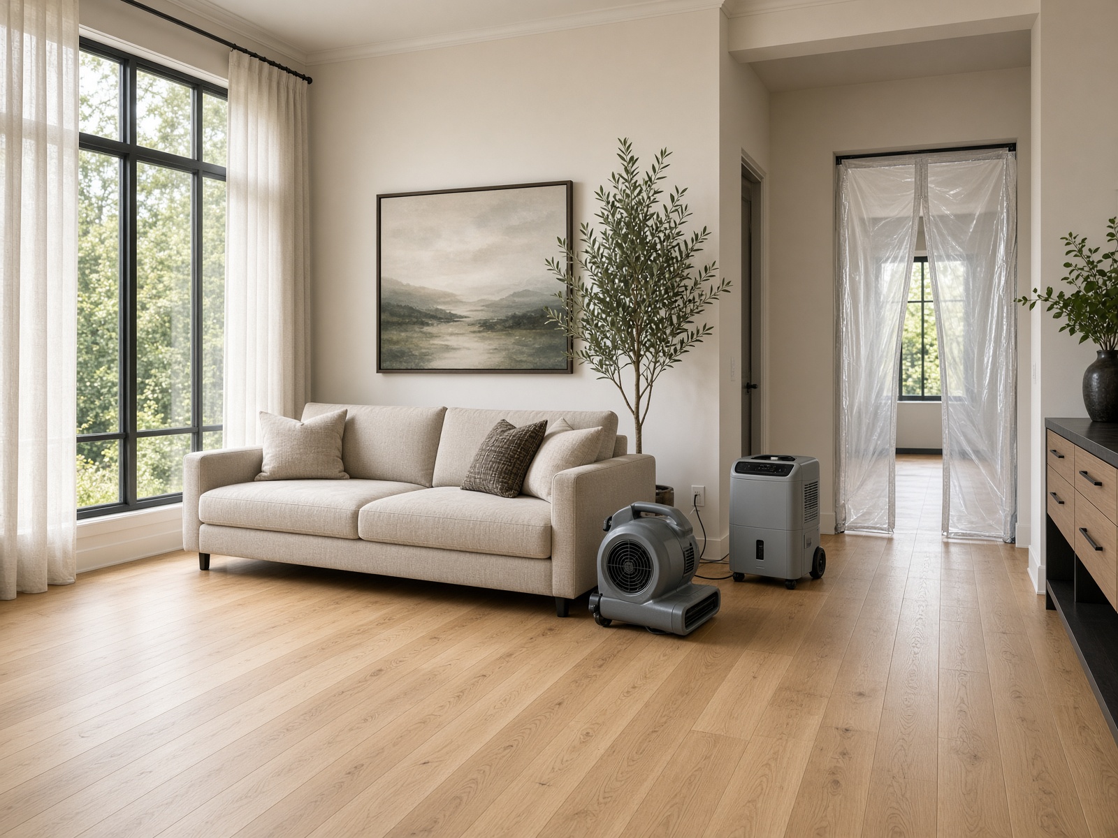 Professional drying equipment set in a finished living room with oak floors
